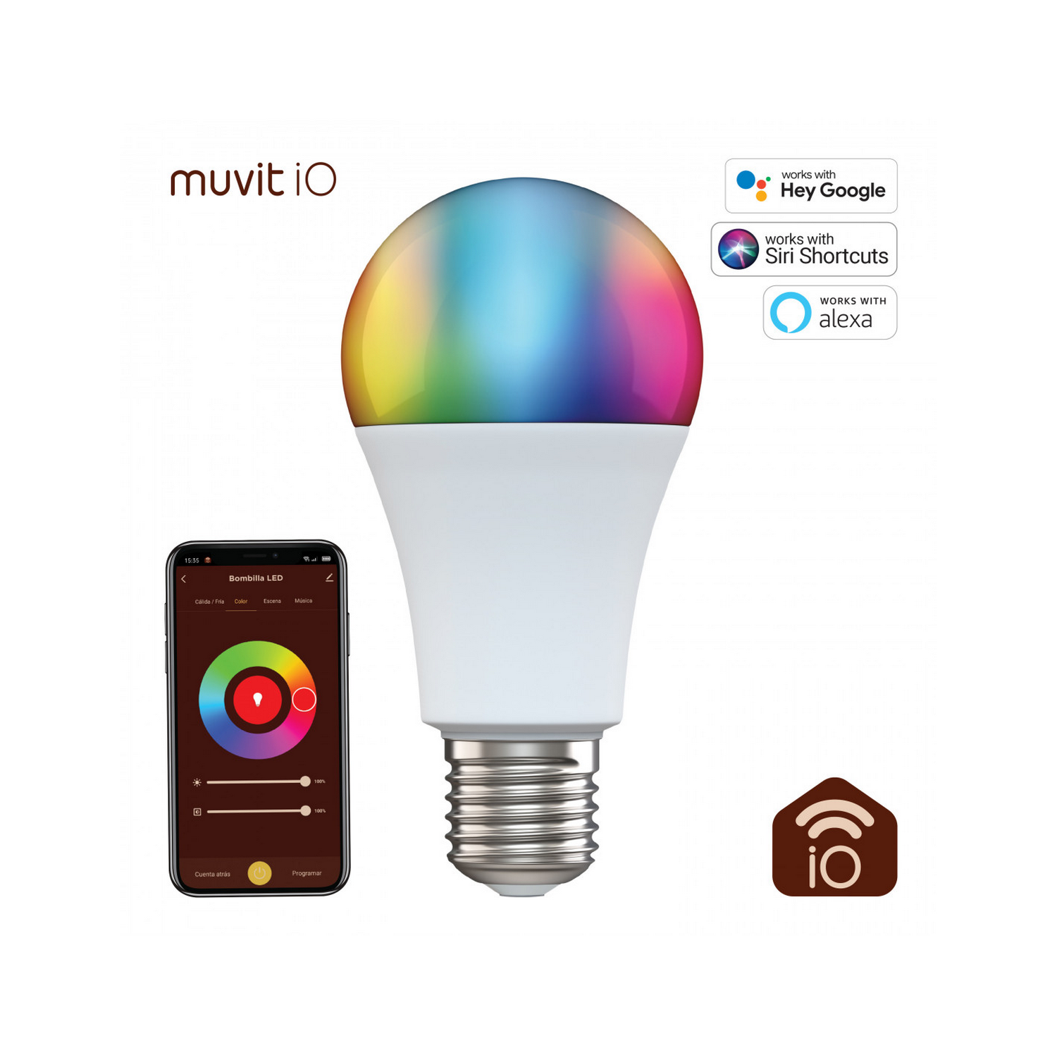 Una bombilla inteligente con un brillo colorido. Está junto a un teléfono inteligente que muestra una aplicación de control.