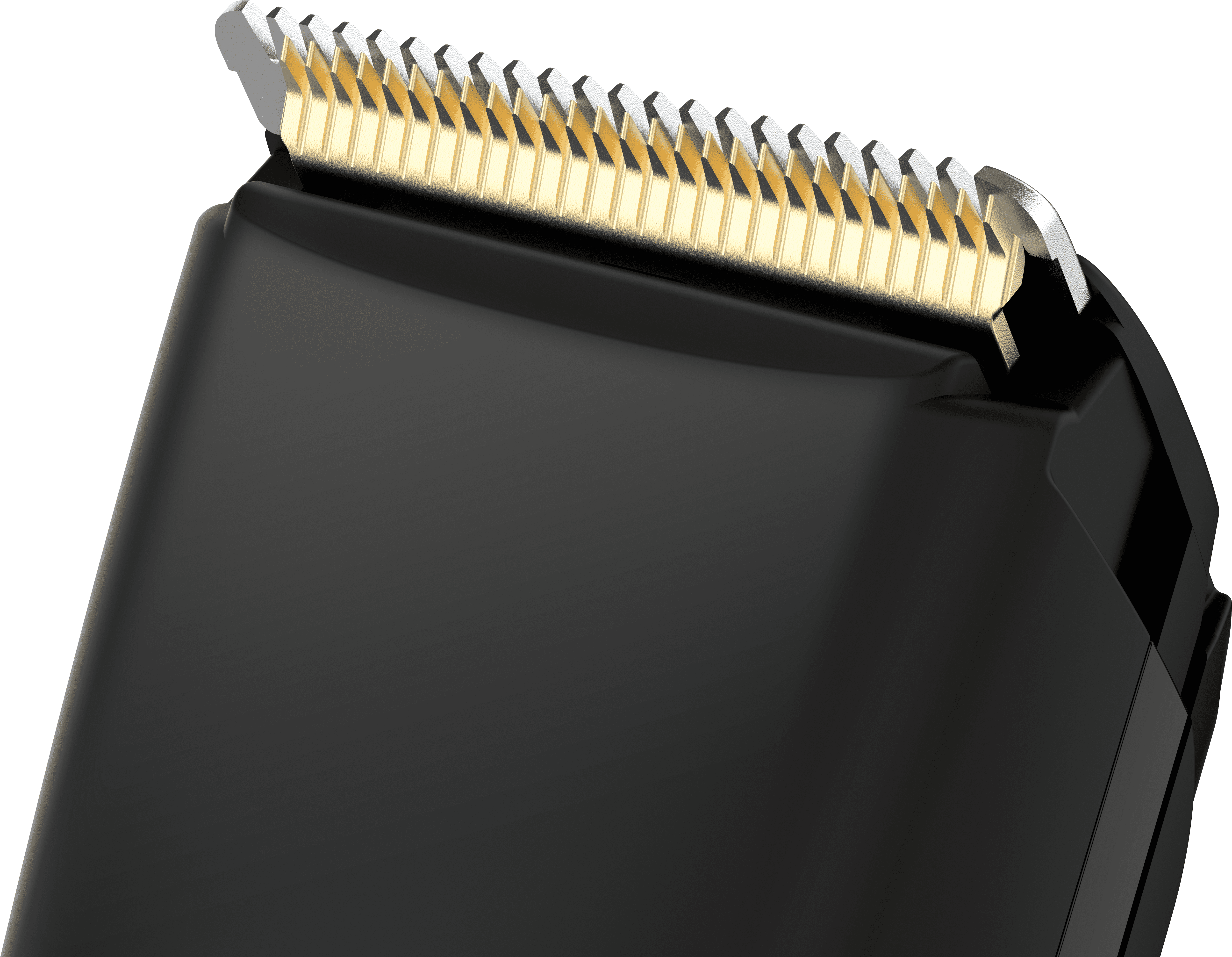 Detalle de una cuchilla de cortapelos negra, con dientes dorados y bordes afilados.