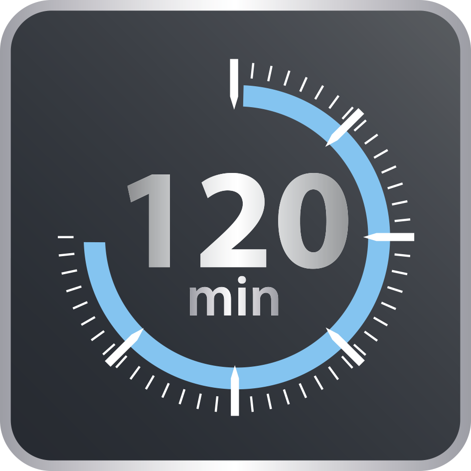 Un temporizador que muestra 120 minutos con un contorno circular azul y fondo negro.