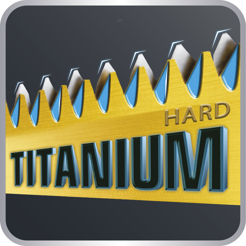 Primer plano de una hoja de sierra con la palabra 'TITANIUM HARD' en negrita.