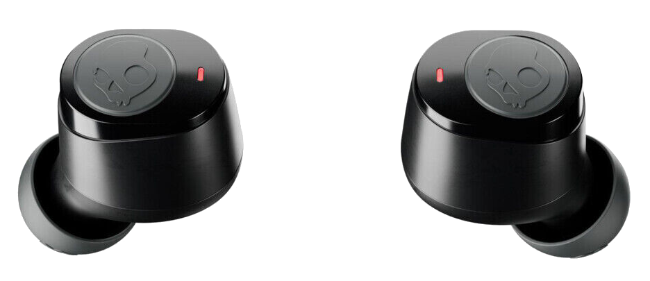 Két fekete Skullcandy fülhallgató piros lámpákkal, fekete háttér előtt látható.