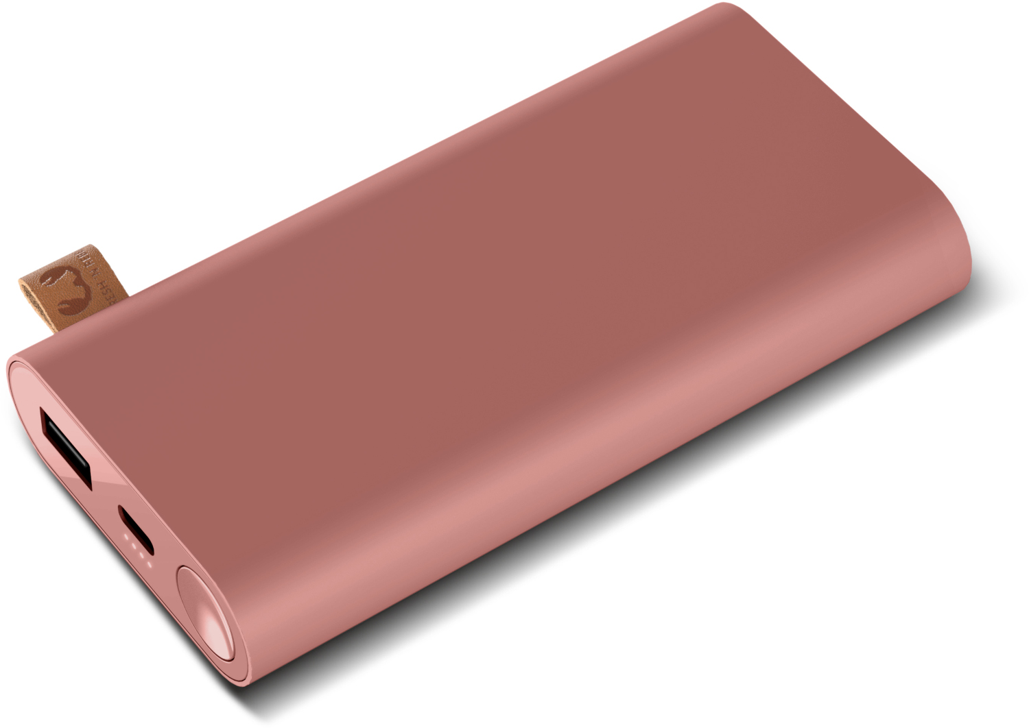 Une batterie externe or rose sur une surface blanche, avec une étiquette en cuir.