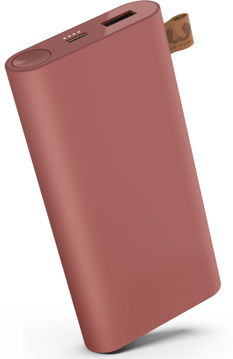 Une batterie externe bordeaux. Elle a un port USB et un bouton dessus.