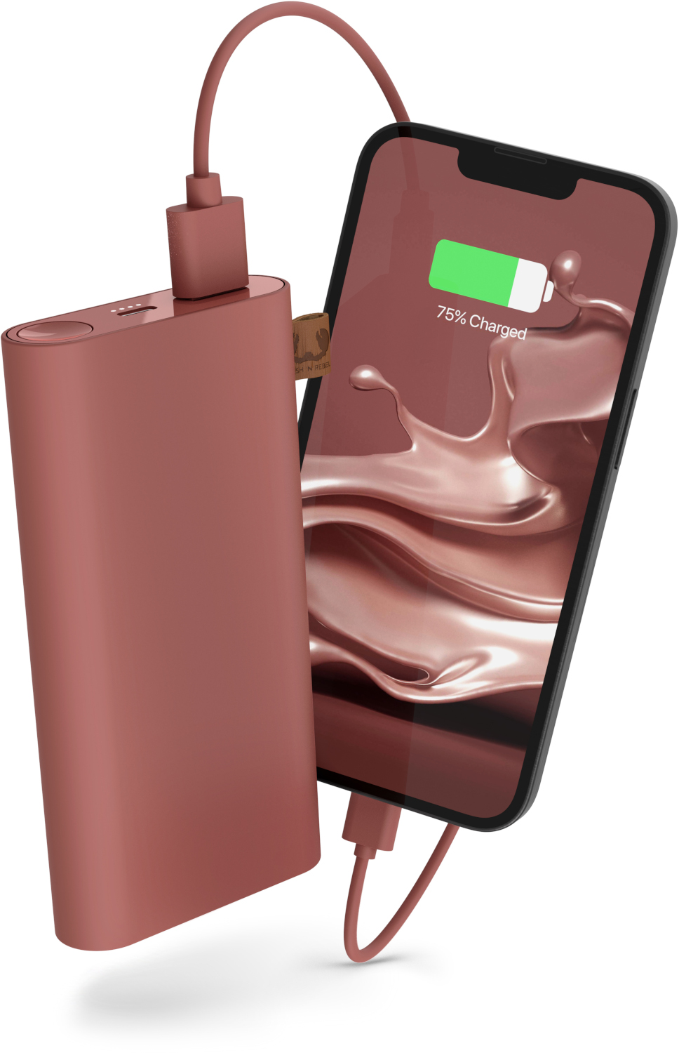 Un téléphone se charge à côté d'une batterie externe. Le téléphone affiche 75% chargé. Les deux articles sont roses.