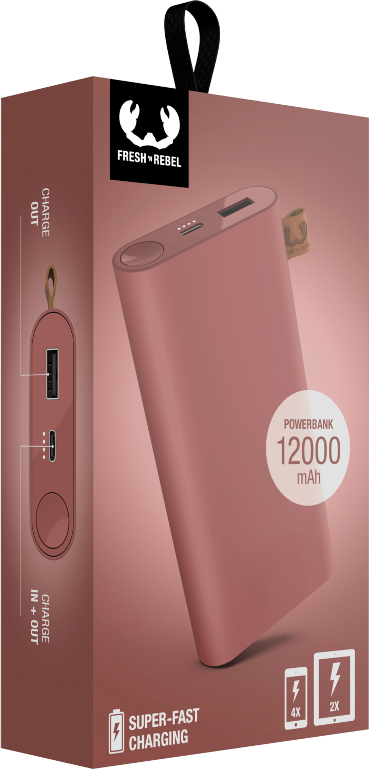 Une batterie externe rose avec une sangle noire, des ports USB et un indicateur de charge.