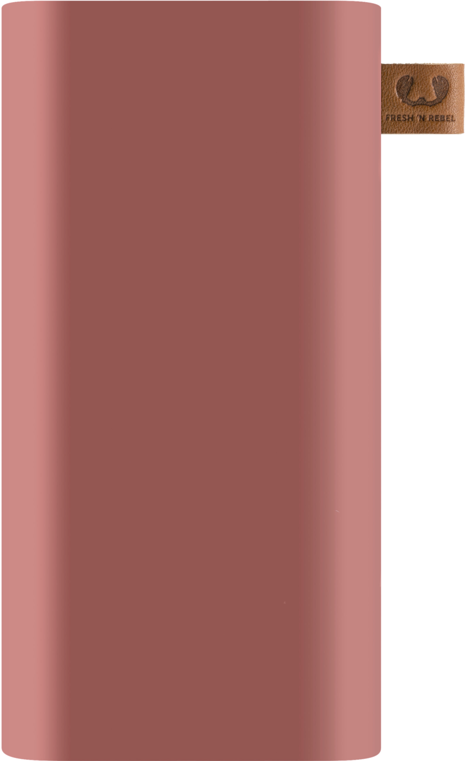 Haut-parleur cylindrique rose poussiéreux avec une étiquette en cuir indiquant « Fresh 'n Rebel ».