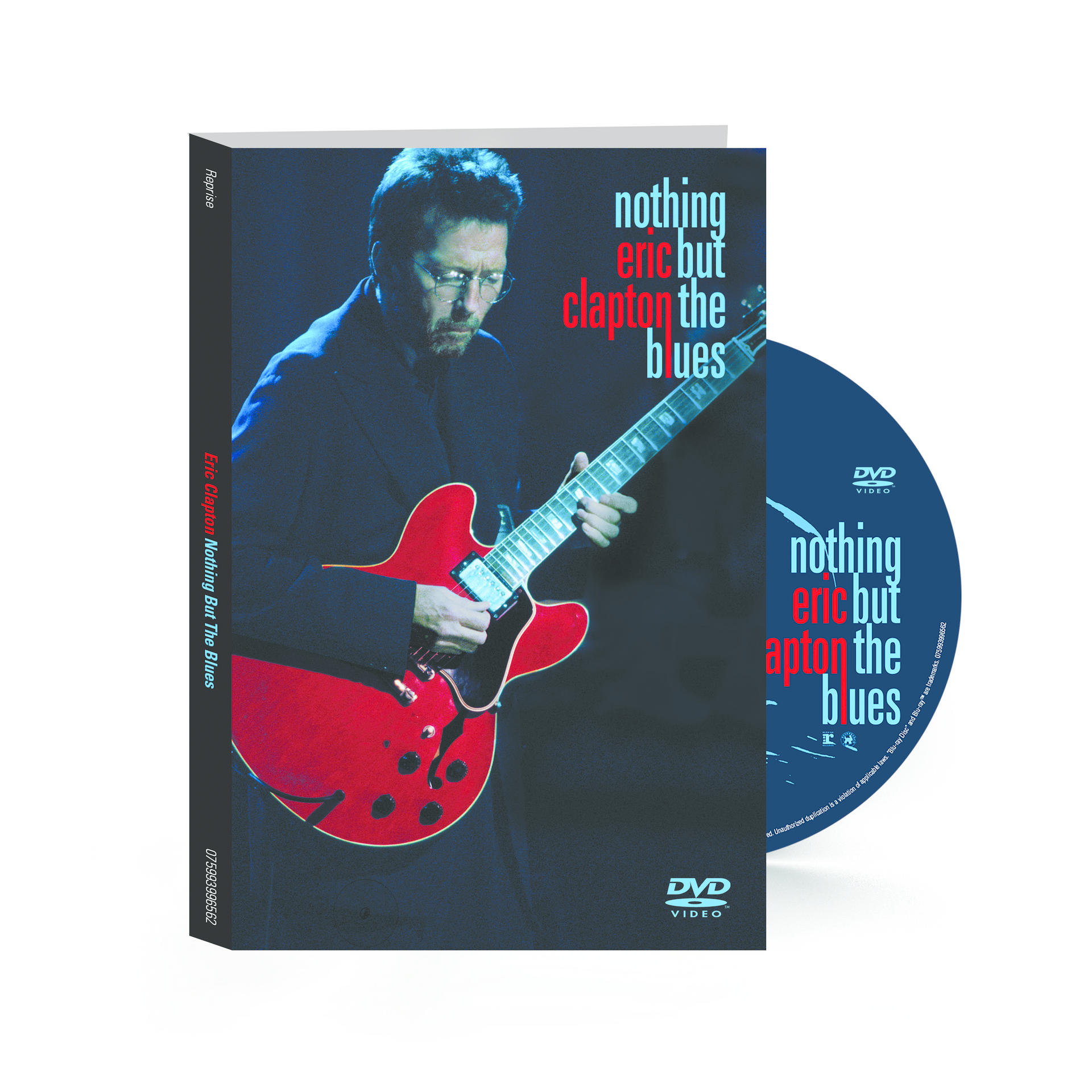 Eric Clapton 'Nothing But The Blues' DVD tokja és lemeze. Clapton egy piros gitáron játszik.