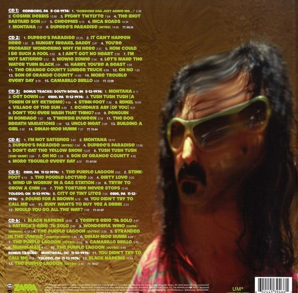 Egy Zappa album hátlapja, egy portréval és a számlistával.