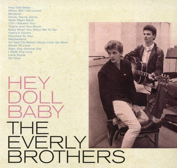 Pochette de l'album Hey Doll Baby des Everly Brothers. Deux hommes avec une guitare, texte et titres.