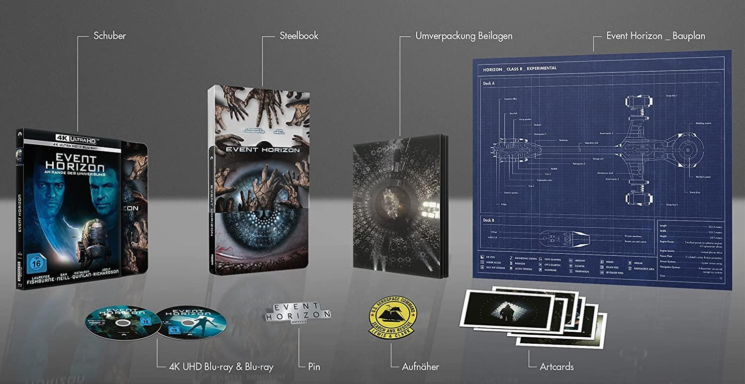 Ausstellung von Event Horizon Artikeln. Enthält Blu-ray-Discs, Karten und einen Bauplan.