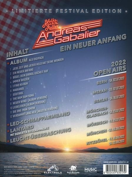 Album-Cover mit Songliste und Tourdaten für Andreas Gabalier, mit See und Sonnenuntergang.