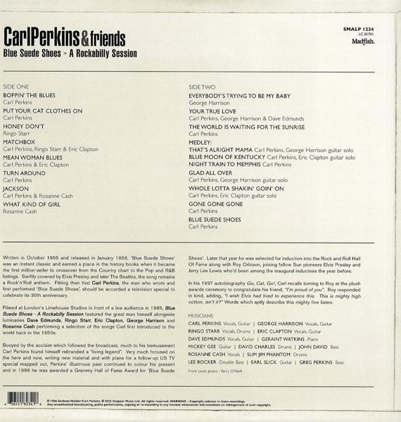 Rückseite des Albums Blue Suede Shoes von Carl Perkins mit Text und einer Titelliste.
