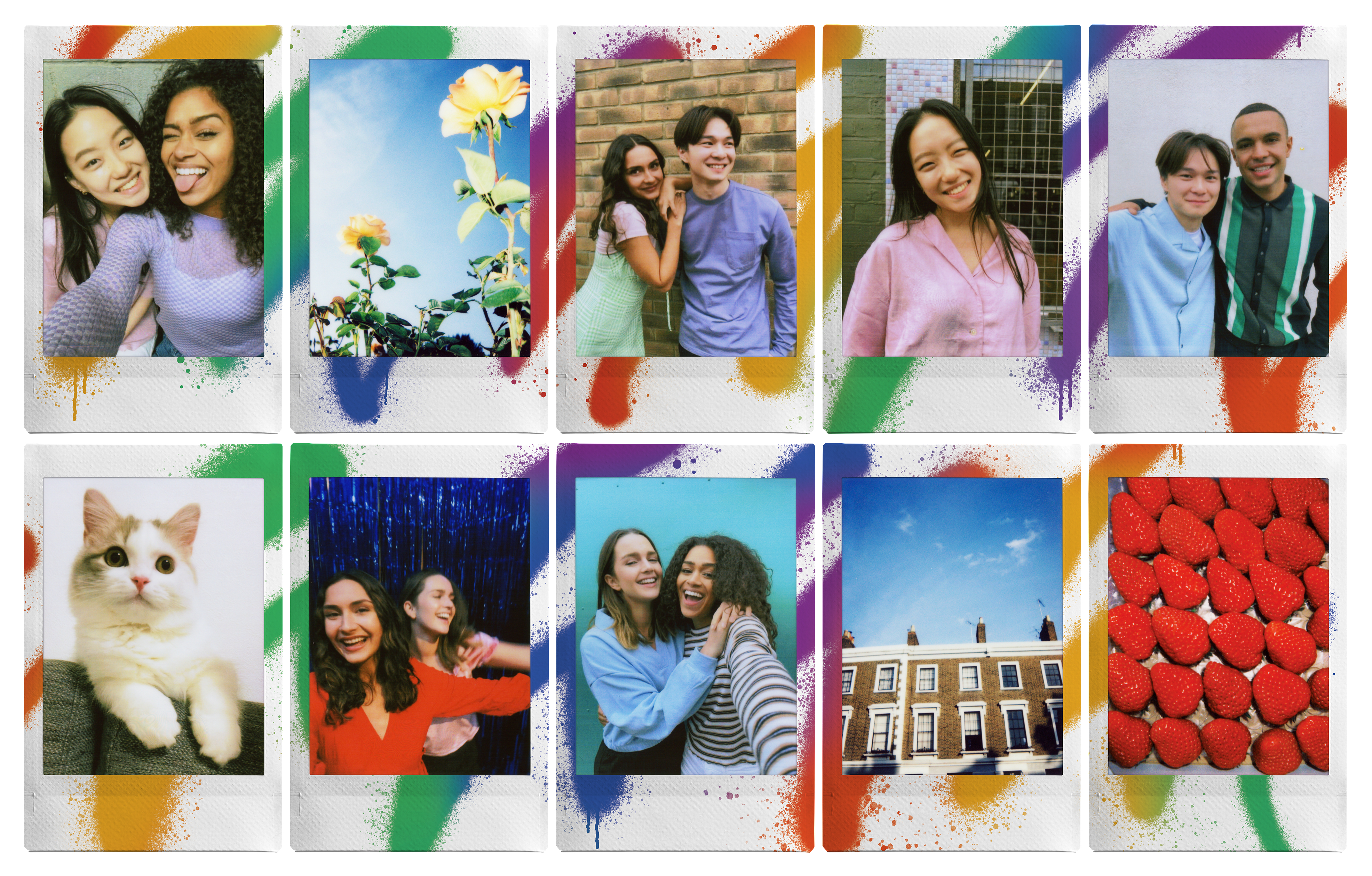 Zehn Polaroid-Fotos mit bunter Farbe. Personen sind auf den Fotos.