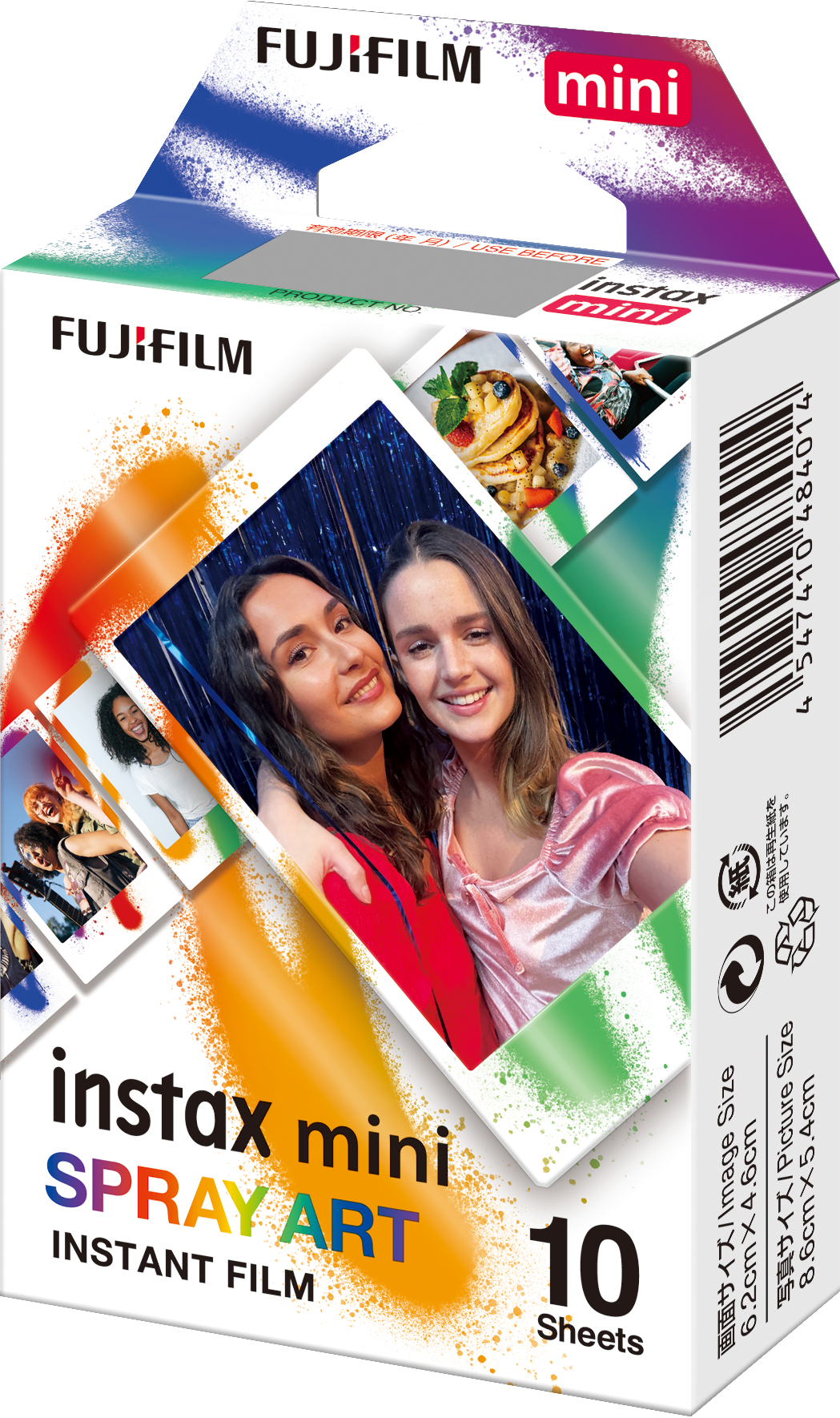 Instax Mini Filmbox. Es zeigt zwei lächelnde Frauen. Auf der Box befindet sich ein Regenbogen-Sprühkunst-Design.