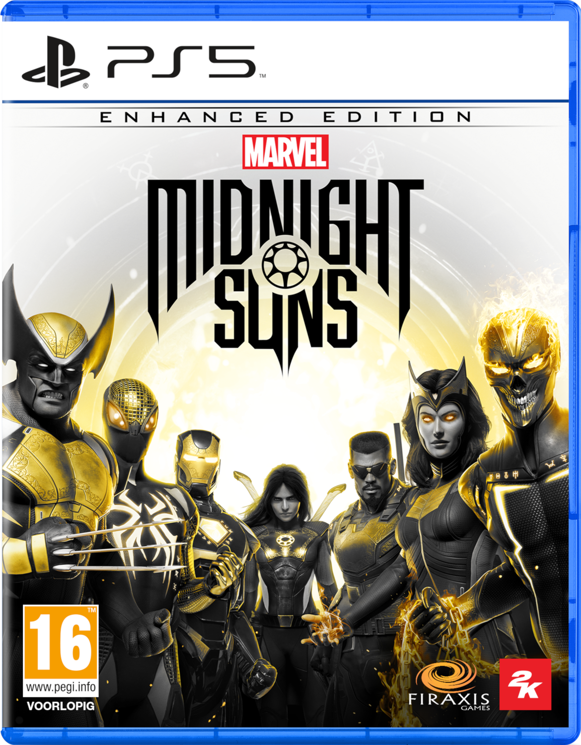 PS5 game cover voor Marvel's Midnight Suns. Bevat verschillende Marvel helden, met een donker, actiegericht ontwerp.