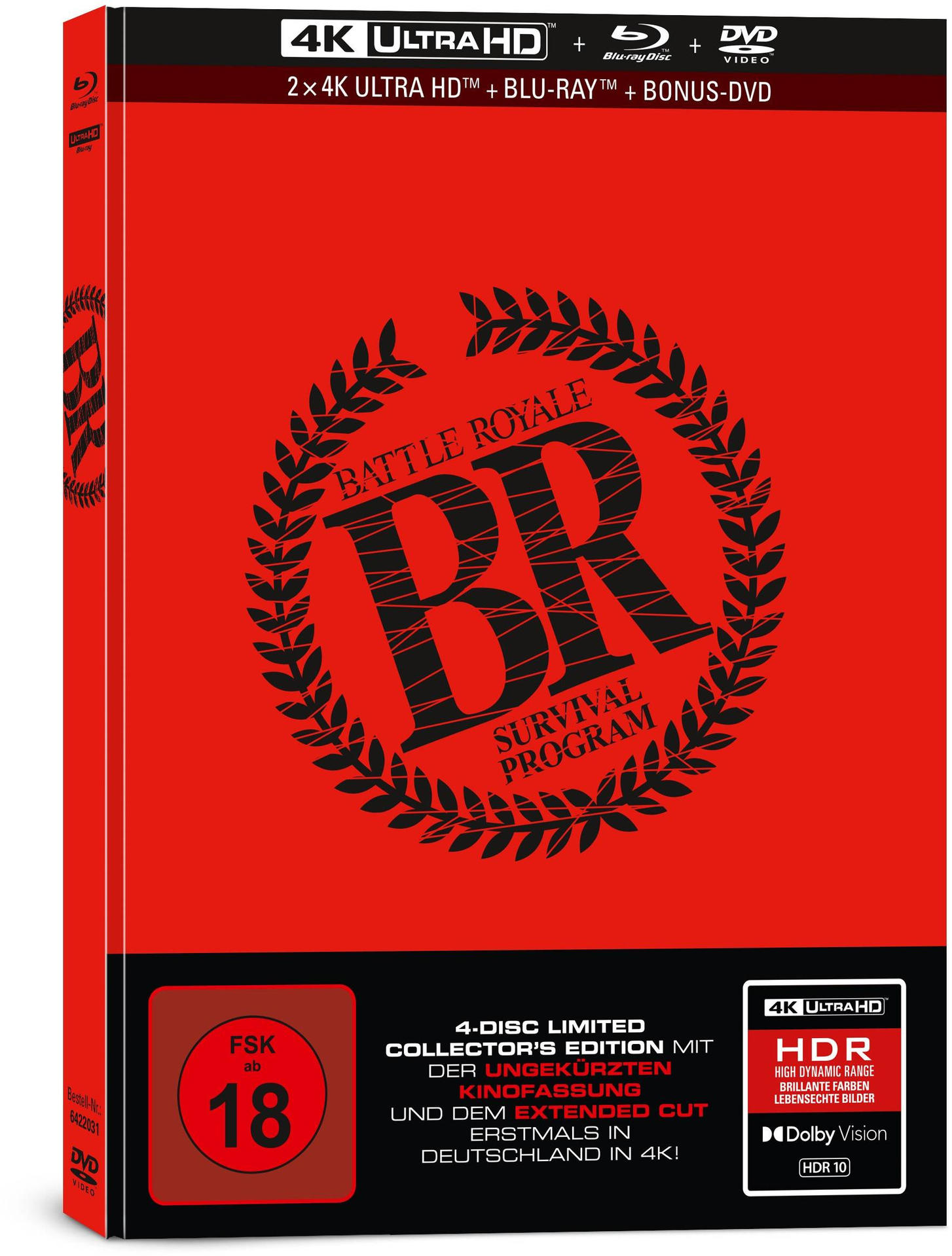 Rote DVD-Box, Titel 'Battle Royale', Filmplakat. Die Box enthält 4K Ultra HD, Blu-ray und DVD.