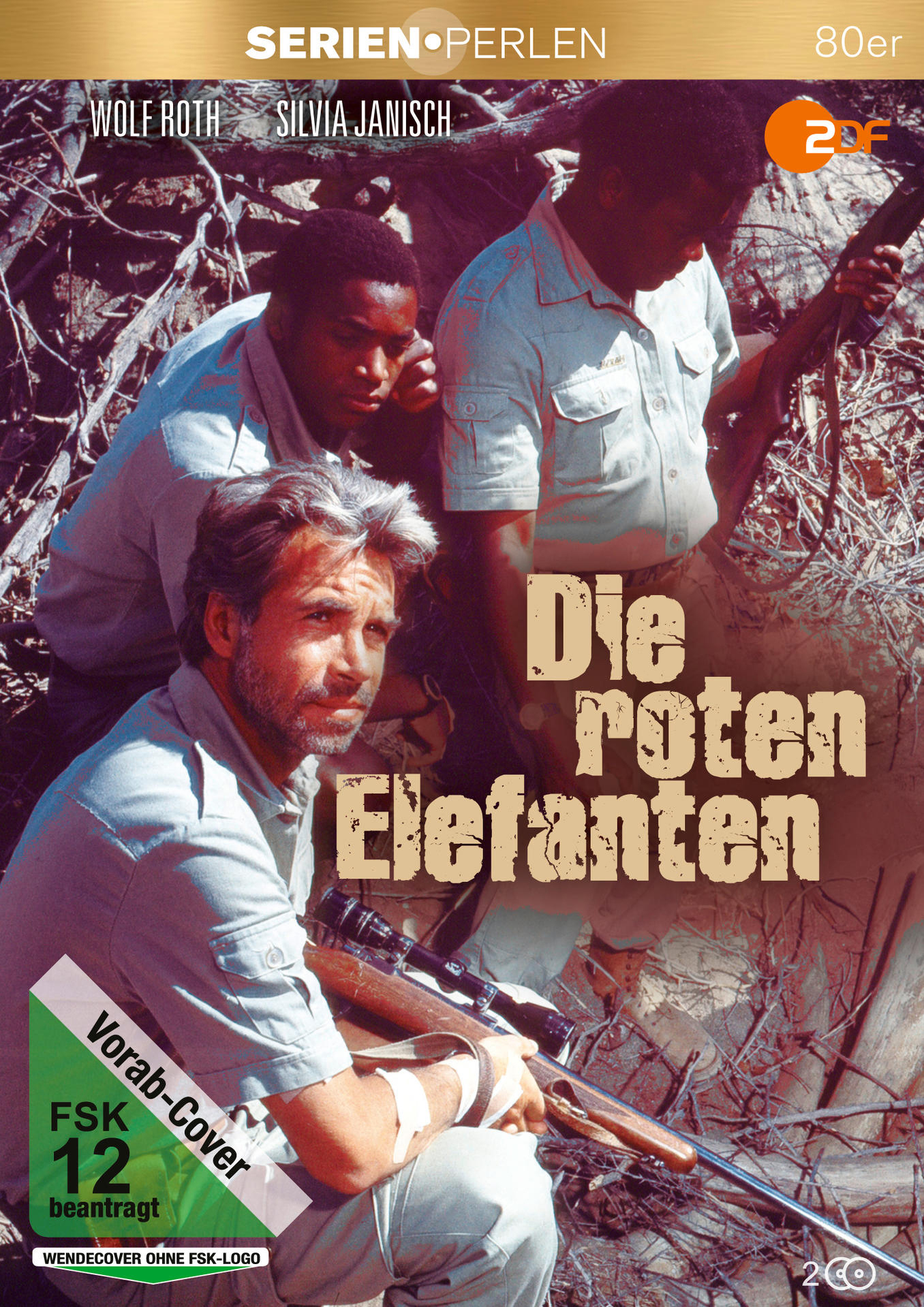 DVD-Cover: Die roten Elefanten. Drei Männer im Wald, einer hält ein Gewehr. Deutscher Text.