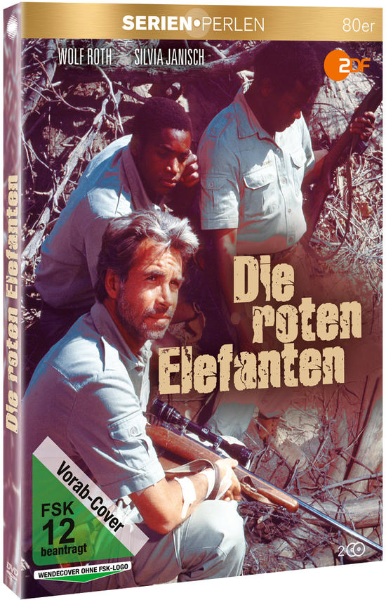 DVD-Cover: drei Männer in Safari-Ausrüstung, Titel "Die roten Elefanten", Bewertung FSK 12.