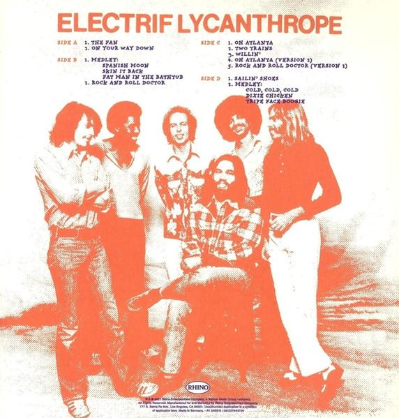 Albumcover: Bandfoto mit orangefarbenem Hintergrund und Text. Titel: Electrif Lycanthrope. Künstler: Diverse.