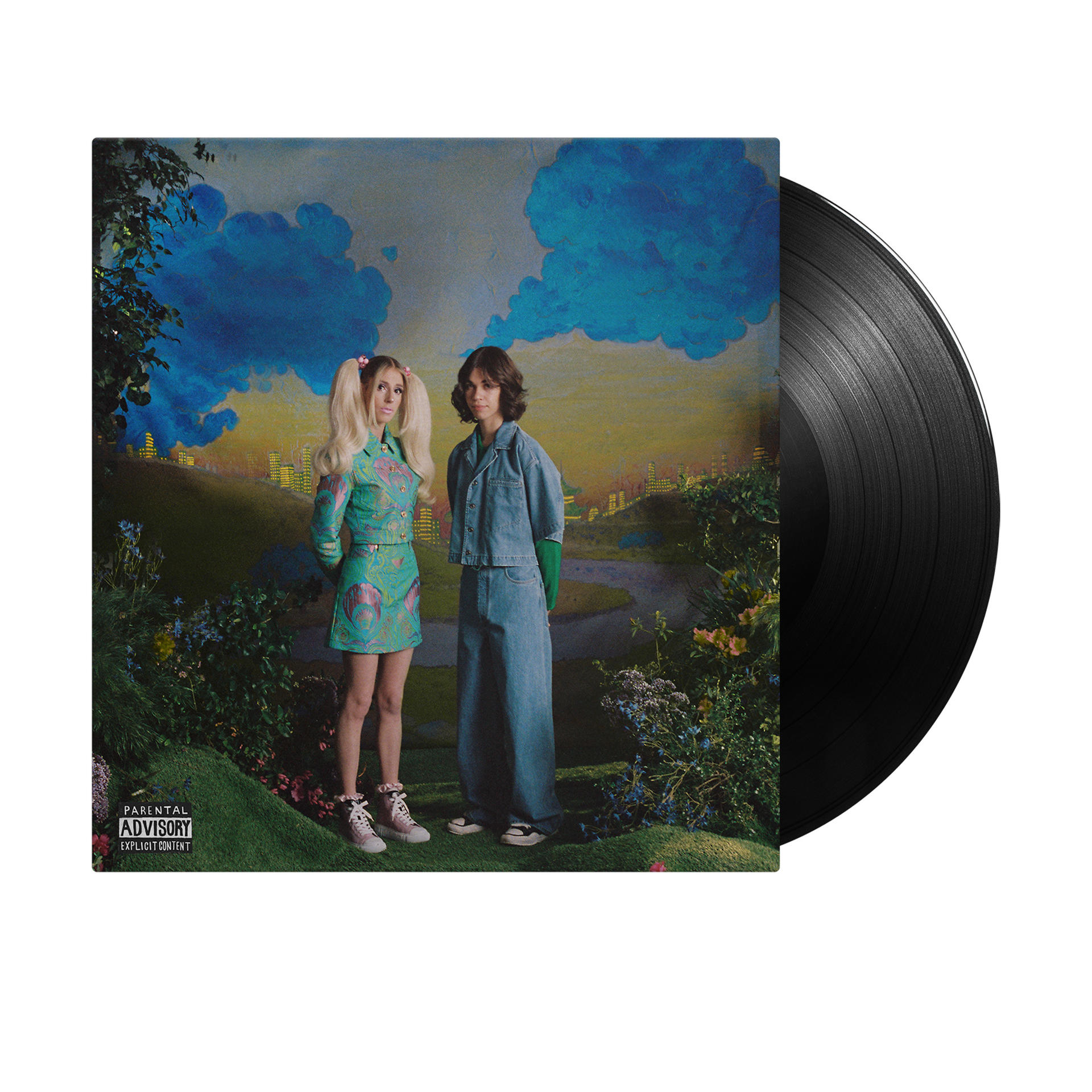 Albumcover mit zwei Personen vor einer Landschaft, rechts eine Schallplatte.