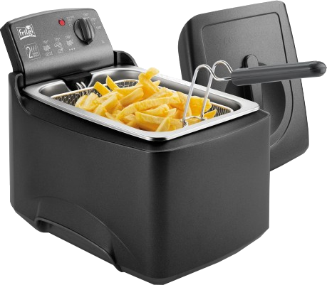 Zwarte friteuse met frietjes erin. Het deksel staat rechts open.