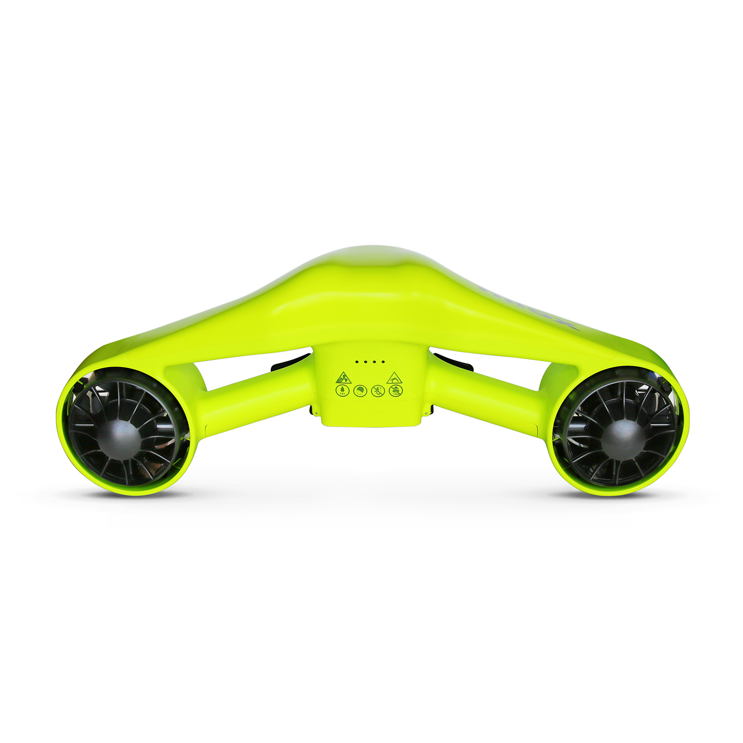 Uno scooter subacqueo verde neon, con due eliche e una maniglia.