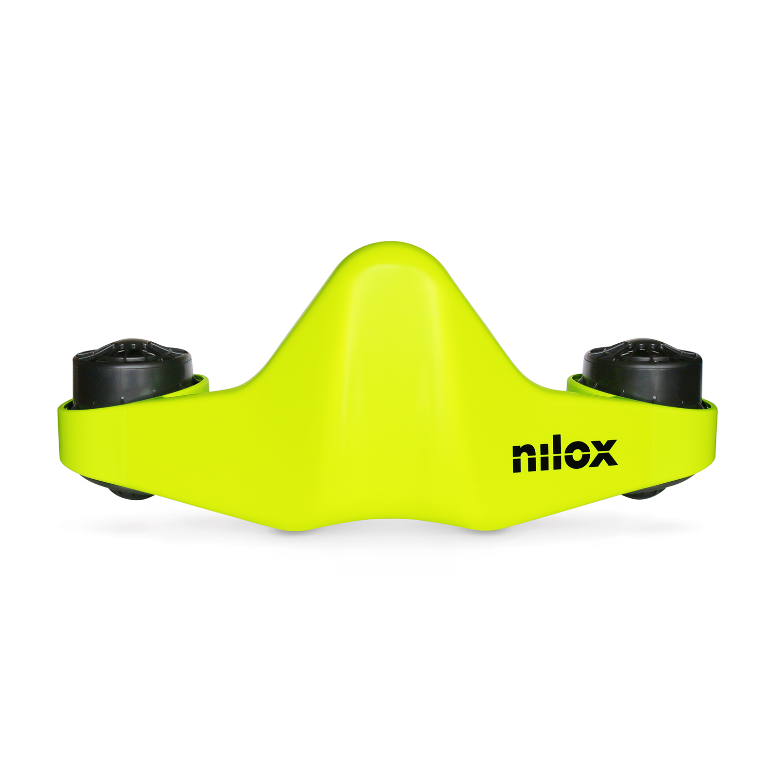 Poggiapiedi per scooter giallo brillante con ruote nere, sfondo bianco.