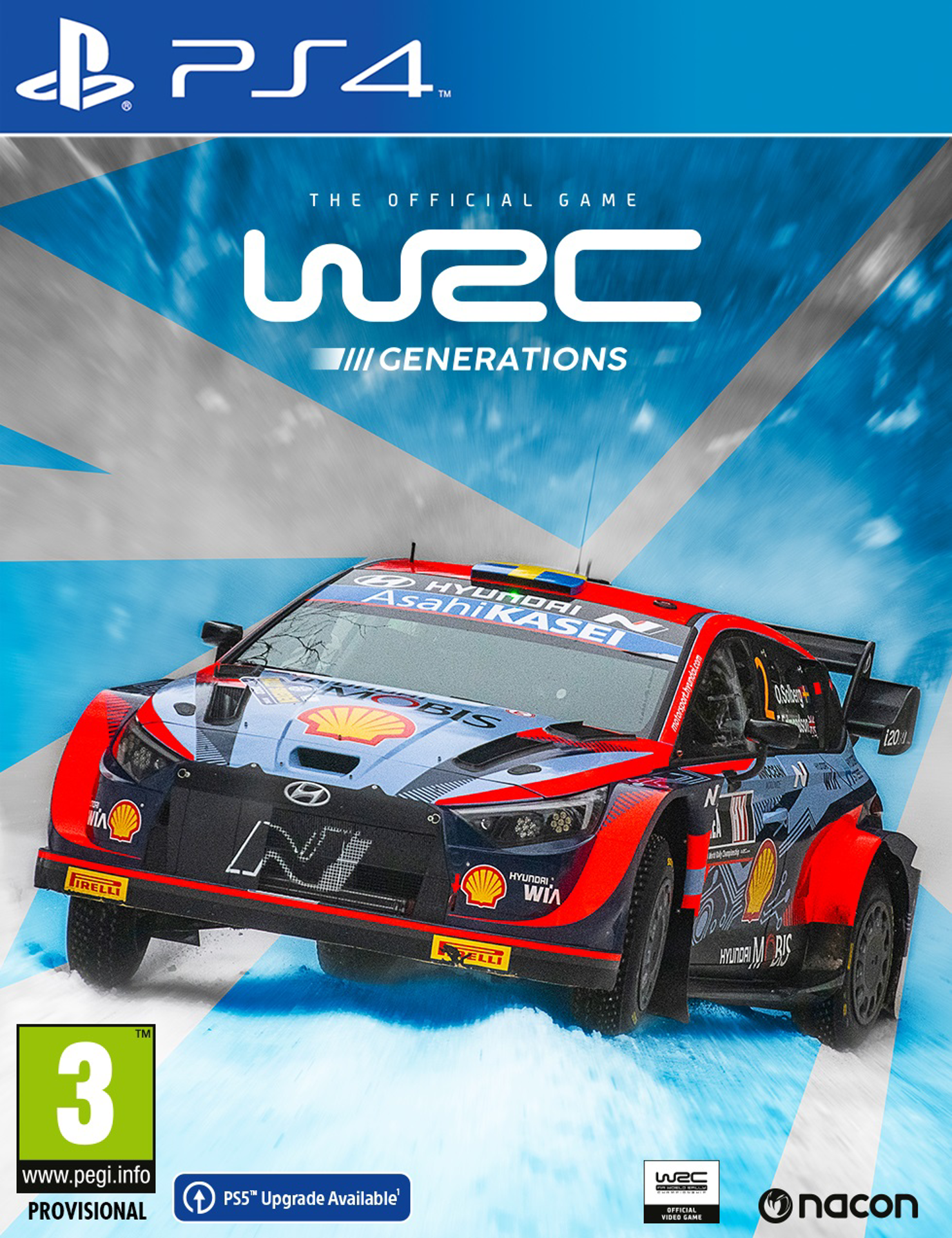 WRC Generations game case, met een rallyauto op een besneeuwde baan. Het PS4-logo is zichtbaar.
