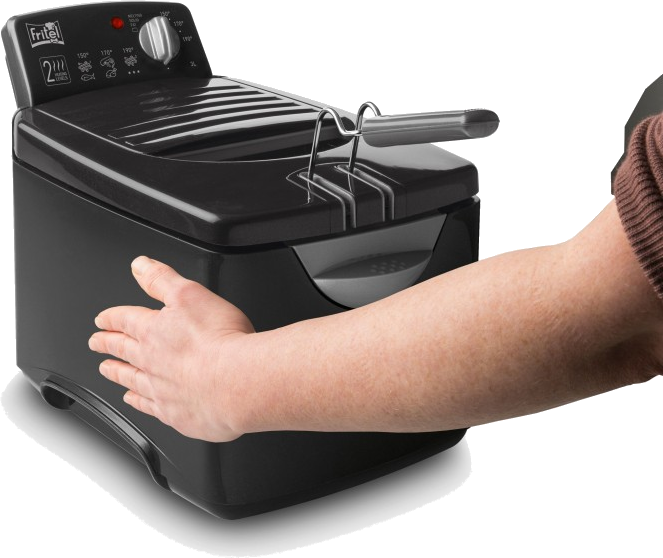 Une friteuse noire avec une main qui s'étend vers elle, montrant les réglages de température.