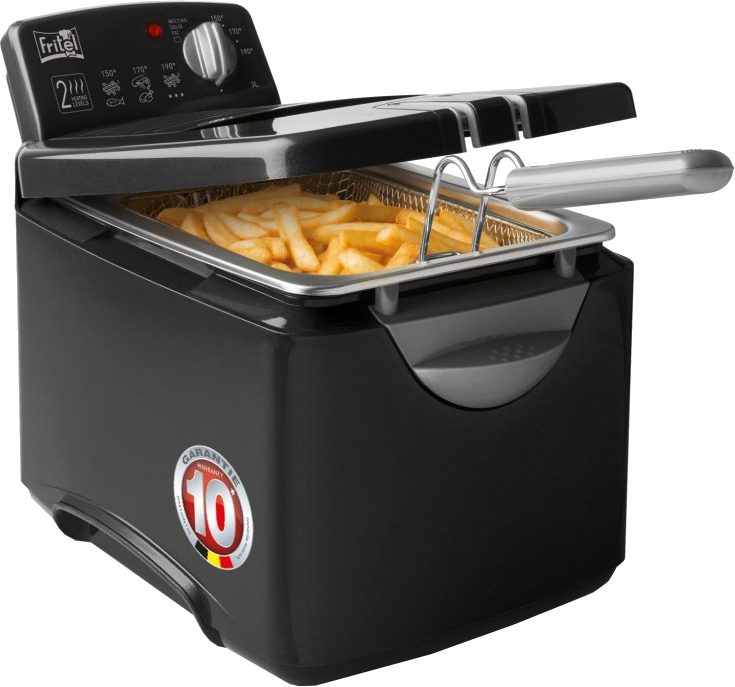 Friteuse noire avec frites à l'intérieur, couvercle ouvert. A un autocollant de garantie de 10 ans.