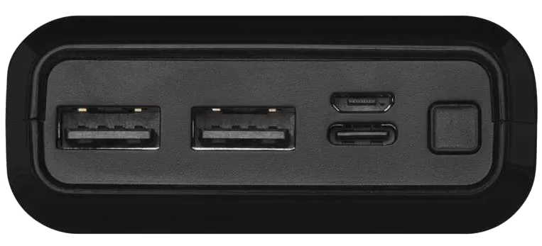 Fekete power bank USB és USB-C portokkal. Téglalap alakú.