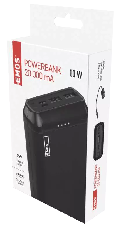 Fekete EMOS power bank doboz power bankkal, portokat és USB-A-USB-C kábelt mutat.