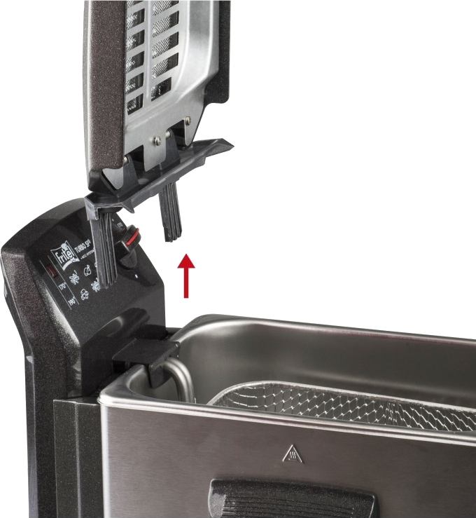 A close-up of a deep fryer with the lid open. An arrow points to the oil container.