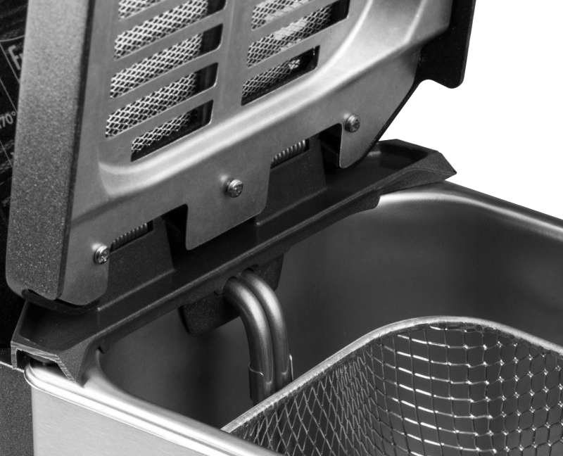 Close up of the interior of a deep fryer with a basket.