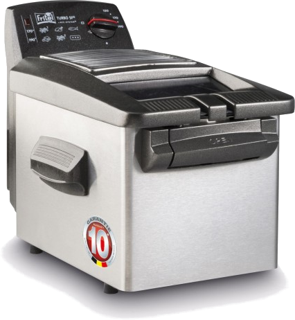 Silver deep fryer, with a black handle and a temperature dial.