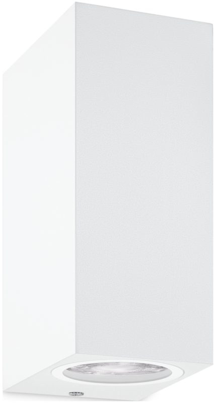 Een witte rechthoekige lamp met een cirkelvormig licht aan de onderkant. Witte achtergrond.