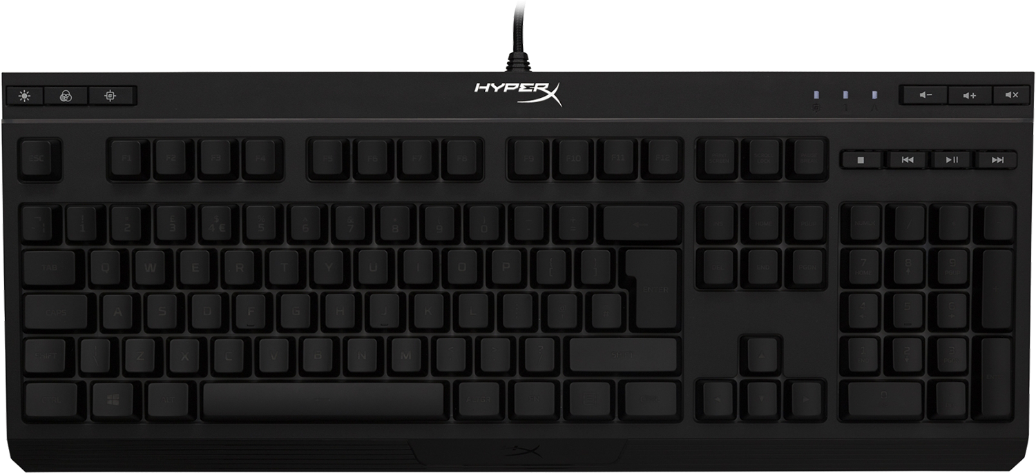 Zwart HyperX toetsenbord. De toetsen zijn zwart, mediacontroles rechtsboven.