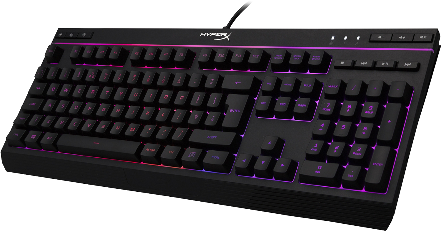 Zwart gamingtoetsenbord met verlichte toetsen. Het HyperX logo is zichtbaar.