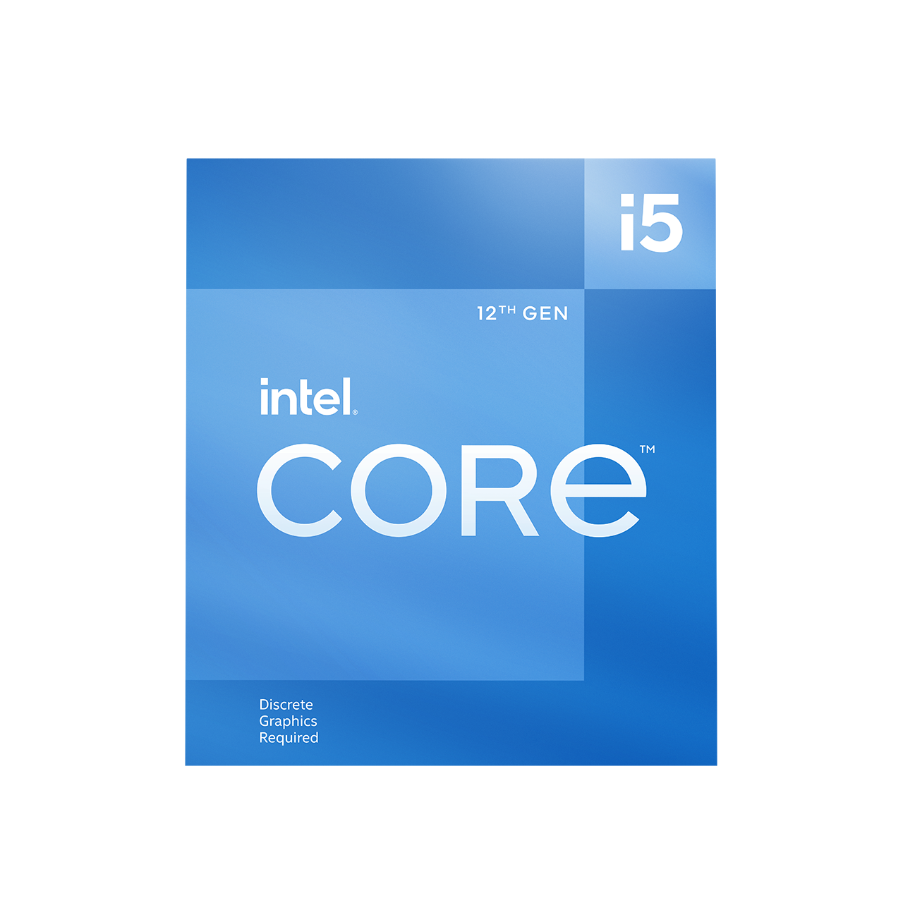 Mavi ve beyaz Intel Core i5 işlemci kutusu, '12th Gen' ve 'i5' metniyle.