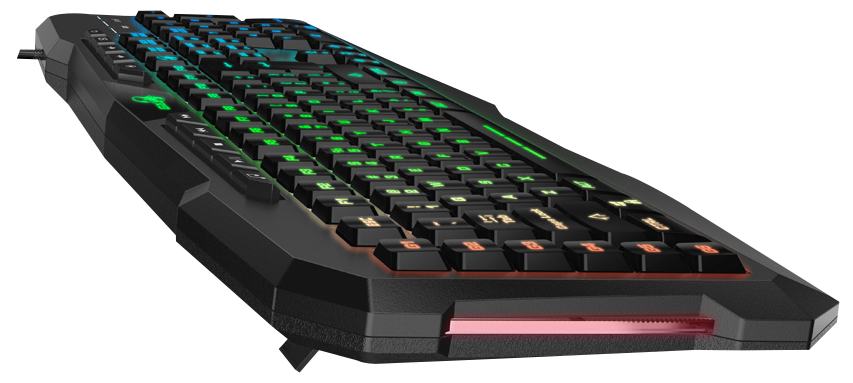 Fekete gamer billentyűzet színes megvilágított billentyűkkel és piros fénnyel alul.