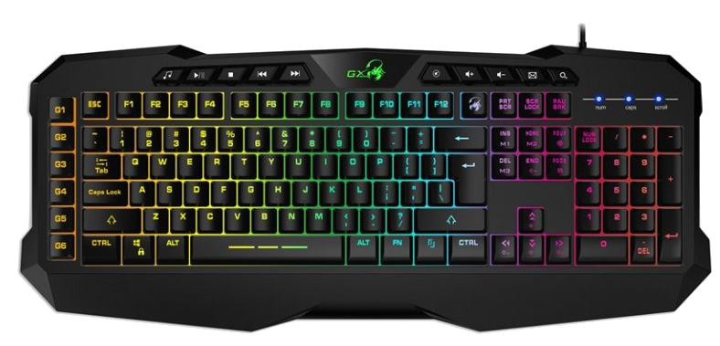 Fekete gamer billentyűzet színes billentyűkkel, skorpió logóval és funkciógombokkal.