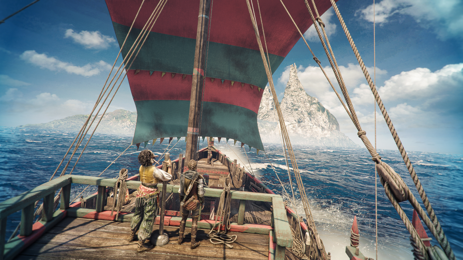 Twee mensen op een zeilschip op zee, met een rotsachtig eiland op de achtergrond.