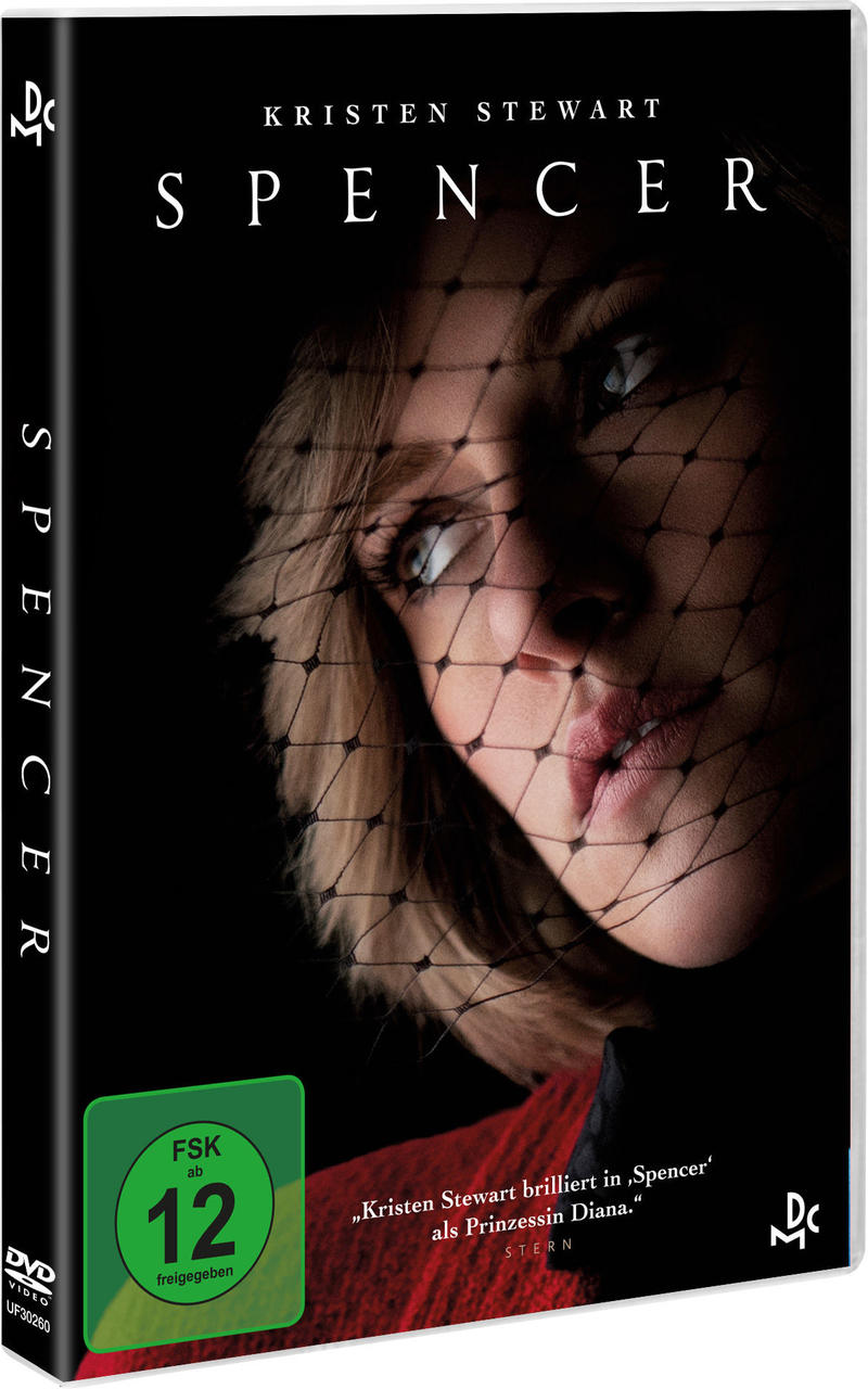 DVD-Cover des Films 'Spencer' mit Kristen Stewart, schwarzer Hintergrund.