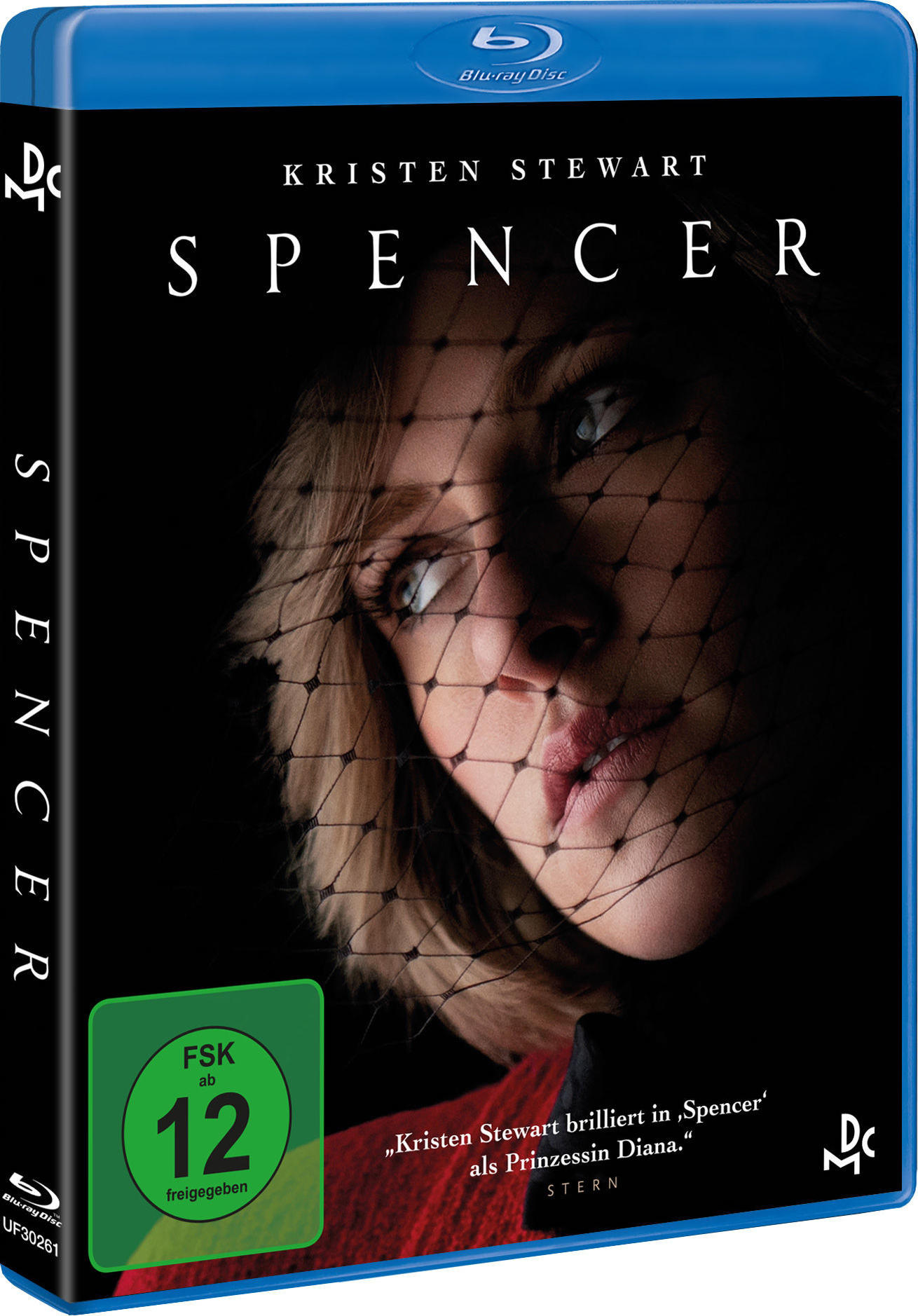 Filmcover, 'Spencer', mit einer Frau mit Schleier. Das Cover ist auf Englisch und Deutsch.