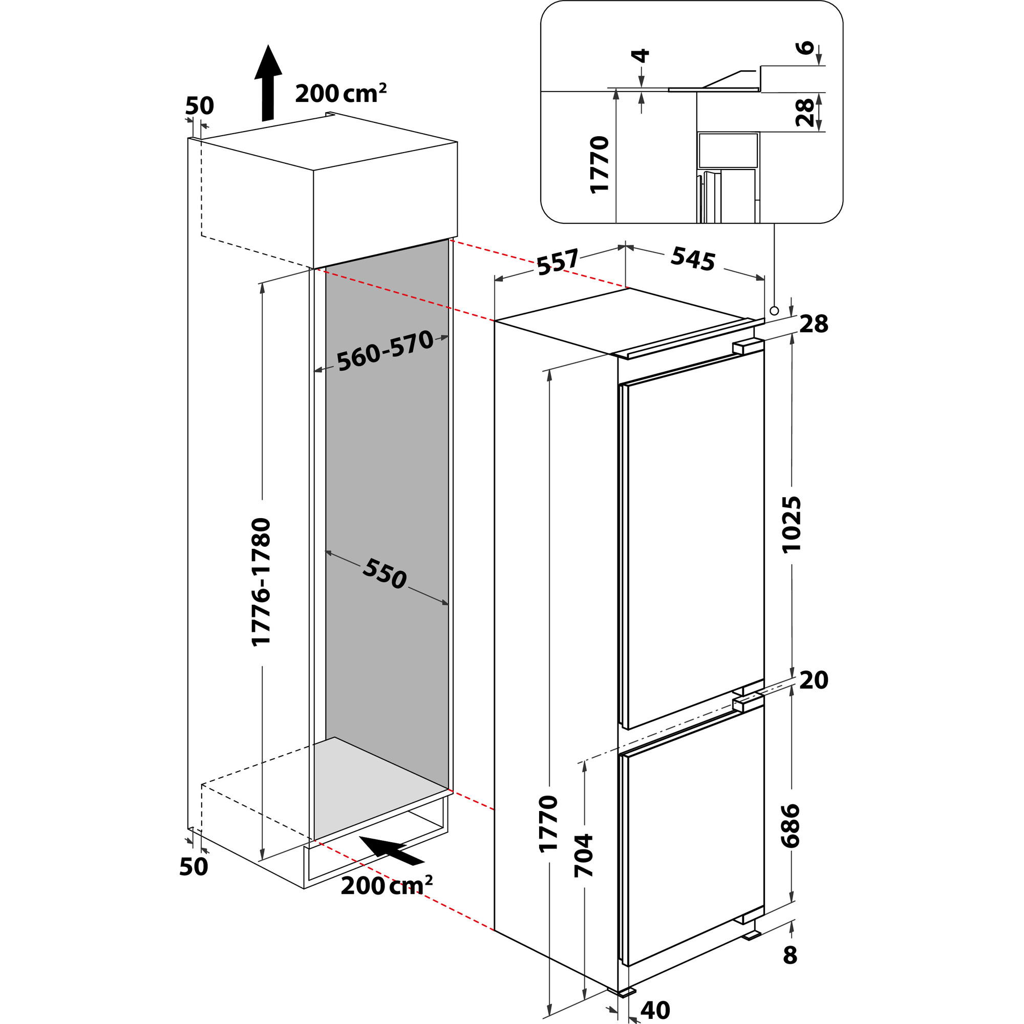 Diagramm eines Kühlschranks mit Maßen in mm, das die Abmessungen zeigt.