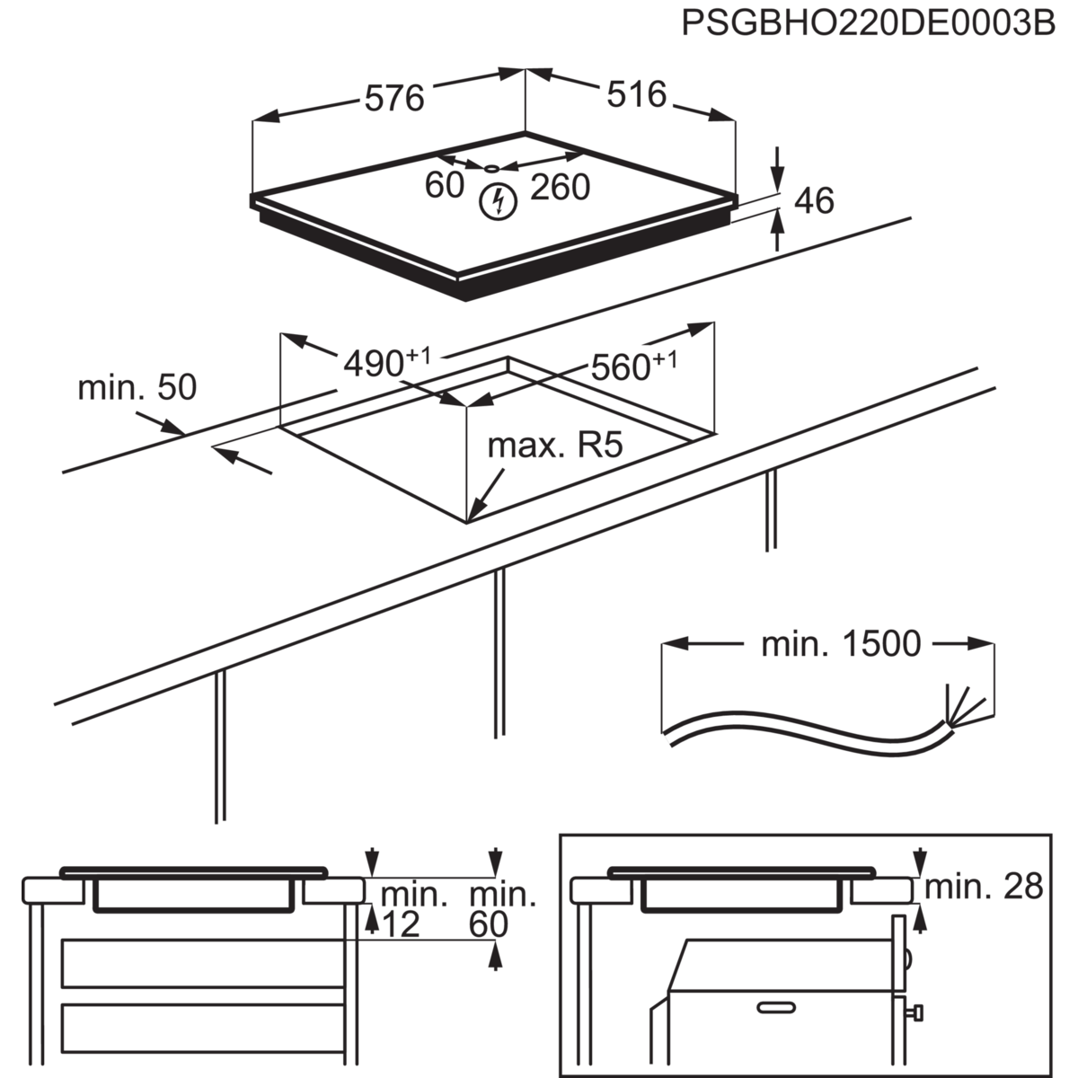 Diagramm eines Kochfelds mit Maßen.