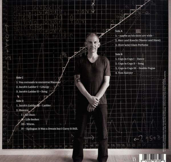 Rückseite eines Musikalbums mit einem Mann neben einer Tafel mit Schrift.