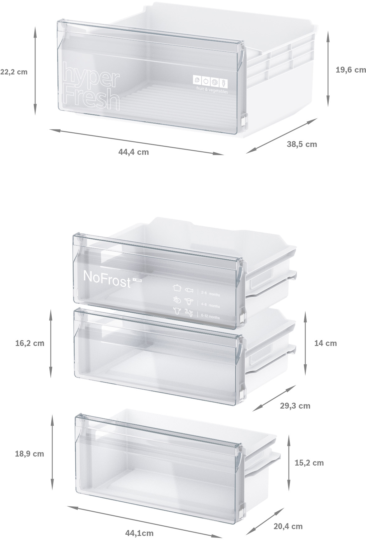 Drei weiße Kühlschrank Schubladen. Abmessungen in Zentimetern werden angezeigt.