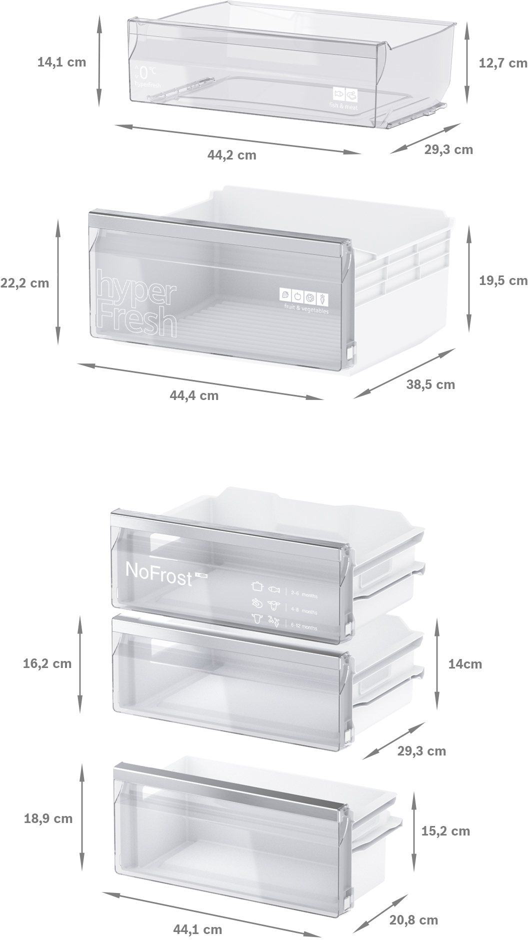 Mehrere Kühlschrank-Schubladen mit Abmessungen, jede mit Funktion und Maßen beschriftet.