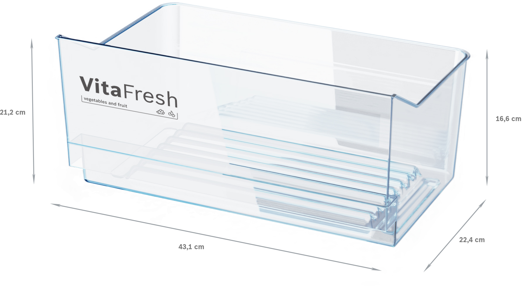 Transparente Kunststoff-Kühlschublade mit beschrifteten Abmessungen.